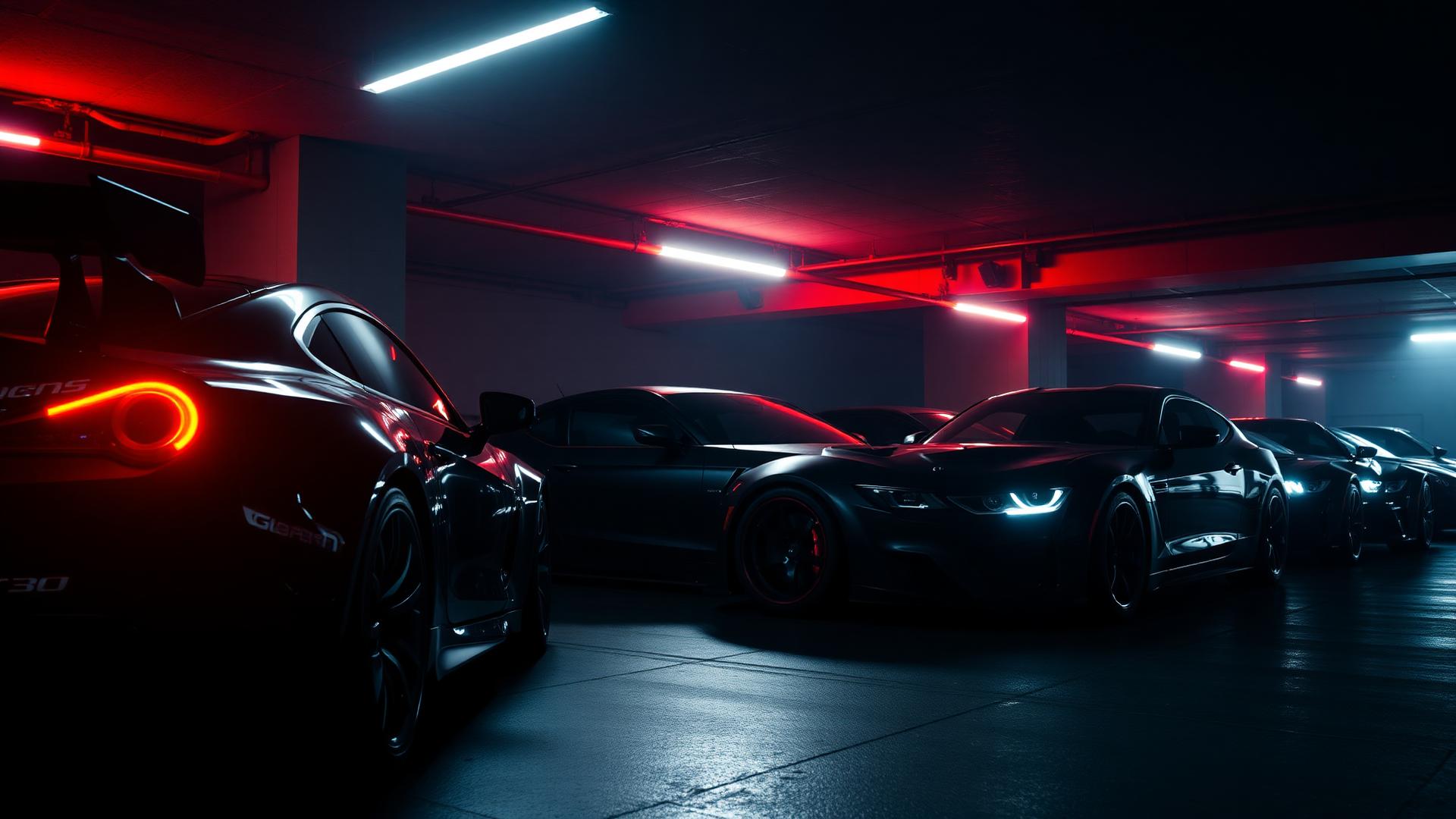 Lineup of sports cars in a dark garage